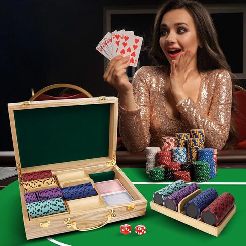 GSE Games & Sports Expert Wooden Poker Chip Case, Casino Grade Chip Holder with 3 Poker Chip Trays for Any Thickness chips, Holds 300 Chips (Oak) in Kuwait