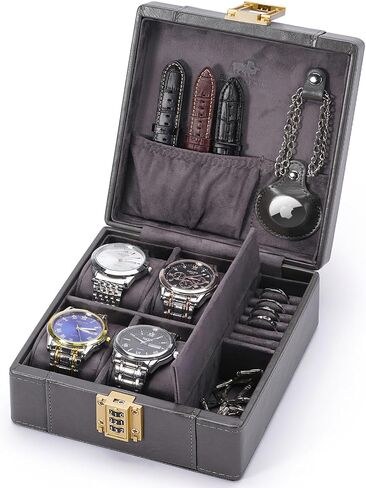 Bison Denim Watch Box ، 4 Watch Travel Case with Combination - Pu Leather Men's Watch Storage Box & Jewelry Organizer with Ring Slots & Necklace Hooks ، Archance Travel Action ، Black in Kuwait