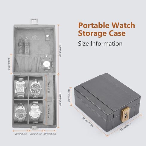 Bison Denim Watch Box ، 4 Watch Travel Case with Combination - Pu Leather Men's Watch Storage Box & Jewelry Organizer with Ring Slots & Necklace Hooks ، Archance Travel Action ، Black in Kuwait