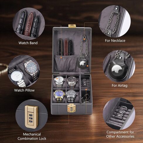 Bison Denim Watch Box ، 4 Watch Travel Case with Combination - Pu Leather Men's Watch Storage Box & Jewelry Organizer with Ring Slots & Necklace Hooks ، Archance Travel Action ، Black in Kuwait
