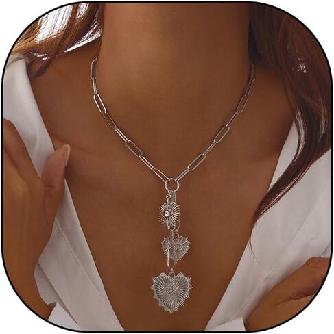 Chunky Gold Rhinestone Heart Pendant Necklace for Women Vintage Silver CZ Evil Eye Y Necklace Love Eye Chain Choker Necklace Jewelry Accessories in Saudi Arabia