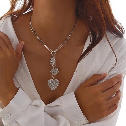Chunky Gold Rhinestone Heart Pendant Necklace for Women Vintage Silver CZ Evil Eye Y Necklace Love Eye Chain Choker Necklace Jewelry Accessories in Saudi Arabia