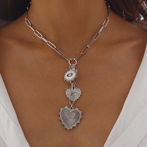 Chunky Gold Rhinestone Heart Pendant Necklace for Women Vintage Silver CZ Evil Eye Y Necklace Love Eye Chain Choker Necklace Jewelry Accessories in Saudi Arabia
