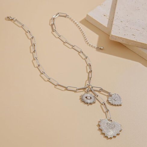Chunky Gold Rhinestone Heart Pendant Necklace for Women Vintage Silver CZ Evil Eye Y Necklace Love Eye Chain Choker Necklace Jewelry Accessories in Saudi Arabia