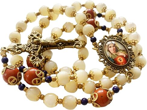Lcqq handmade vintage mother of pearl beads + Red Agate beads catholic rosary necklace crucifix cross gift in Saudi Arabia
