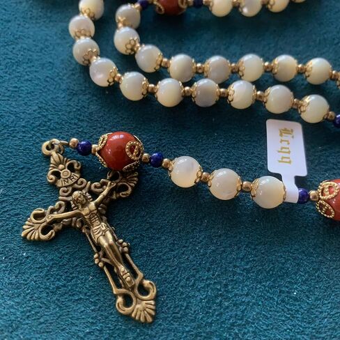 Lcqq handmade vintage mother of pearl beads + Red Agate beads catholic rosary necklace crucifix cross gift in Saudi Arabia