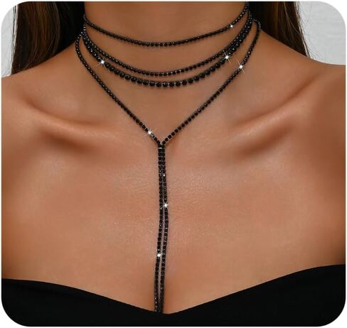 Silver Rhinestone Necklace for Women Layered Black Cubic Zirconia Choker Necklaces Set Sparkly Long Y Lariat Necklaces Trendy Prom Party Jewelry Gifts in Kuwait