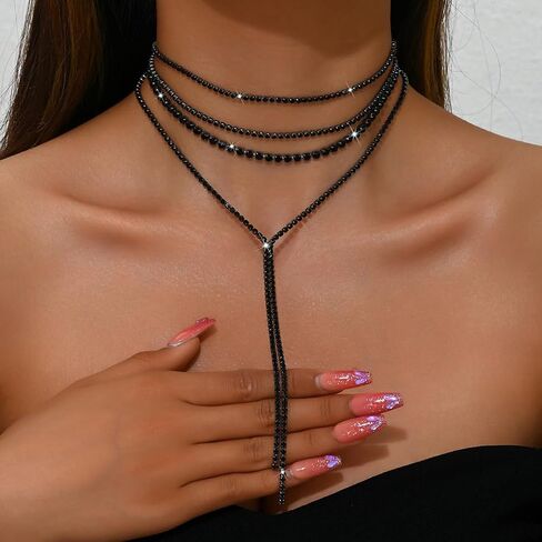 Silver Rhinestone Necklace for Women Layered Black Cubic Zirconia Choker Necklaces Set Sparkly Long Y Lariat Necklaces Trendy Prom Party Jewelry Gifts in Kuwait