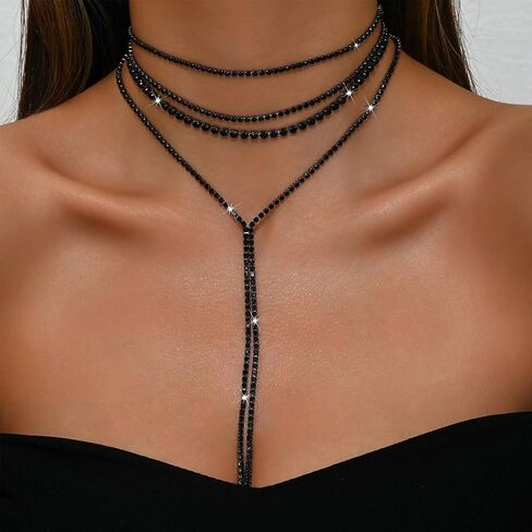 Silver Rhinestone Necklace for Women Layered Black Cubic Zirconia Choker Necklaces Set Sparkly Long Y Lariat Necklaces Trendy Prom Party Jewelry Gifts in Kuwait