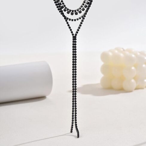 Silver Rhinestone Necklace for Women Layered Black Cubic Zirconia Choker Necklaces Set Sparkly Long Y Lariat Necklaces Trendy Prom Party Jewelry Gifts in Kuwait