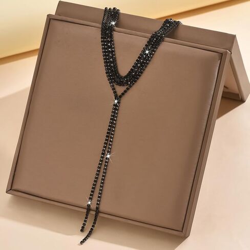Silver Rhinestone Necklace for Women Layered Black Cubic Zirconia Choker Necklaces Set Sparkly Long Y Lariat Necklaces Trendy Prom Party Jewelry Gifts in Kuwait