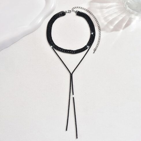 Silver Rhinestone Necklace for Women Layered Black Cubic Zirconia Choker Necklaces Set Sparkly Long Y Lariat Necklaces Trendy Prom Party Jewelry Gifts in Kuwait