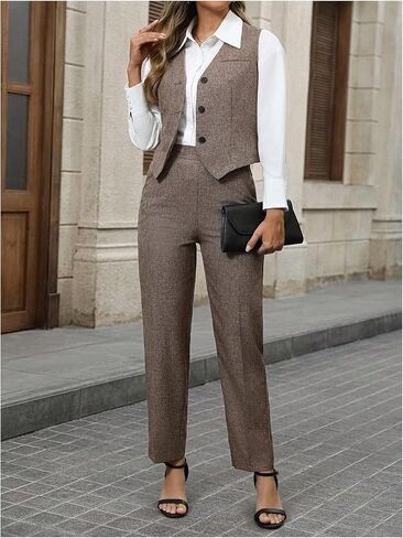 SOLY HUX Women's 2 Piece Outfits V Neck Button Down Sleeveless Blazer Vest and Pants Work Office Set in Saudi Arabia