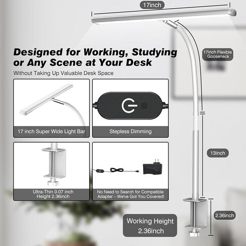 LED Desk Lamp with Clamp, Architect Desk Lamp for Home Office with Remote, 24W Ultra-Bright Desk Light with Stepless Dimming and Stepless Color Temp, Memory Function for Study and Workbench in Saudi Arabia
