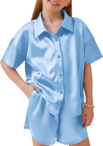 Petite&Me Girls' Silk Pajama Set Button-Down Shirt Collar Top & Lounge Shorts Sizes 6-14 in Kuwait