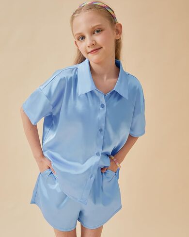 Petite&Me Girls' Silk Pajama Set Button-Down Shirt Collar Top & Lounge Shorts Sizes 6-14 in Kuwait