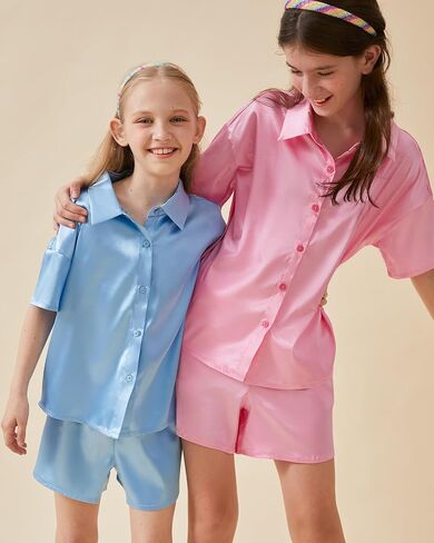 Petite&Me Girls' Silk Pajama Set Button-Down Shirt Collar Top & Lounge Shorts Sizes 6-14 in Kuwait