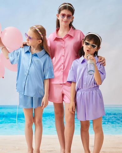 Petite&Me Girls' Silk Pajama Set Button-Down Shirt Collar Top & Lounge Shorts Sizes 6-14 in Kuwait