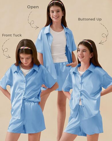 Petite&Me Girls' Silk Pajama Set Button-Down Shirt Collar Top & Lounge Shorts Sizes 6-14 in Kuwait