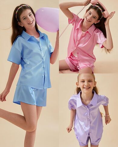 Petite&Me Girls' Silk Pajama Set Button-Down Shirt Collar Top & Lounge Shorts Sizes 6-14 in Kuwait