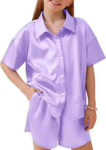 Petite&Me Girls' Silk Pajama Set Button-Down Shirt Collar Top & Lounge Shorts Sizes 6-14 in Kuwait