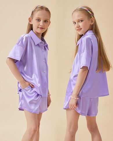 Petite&Me Girls' Silk Pajama Set Button-Down Shirt Collar Top & Lounge Shorts Sizes 6-14 in Kuwait