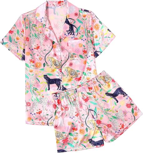 Ekouaer الحرير الساتان بيجاماس 2 قطعة بيجامات للنساء ضبط زر أسفل PJ قصيرة الأكمام وسراويل PJS مجموعات صالة in Kuwait