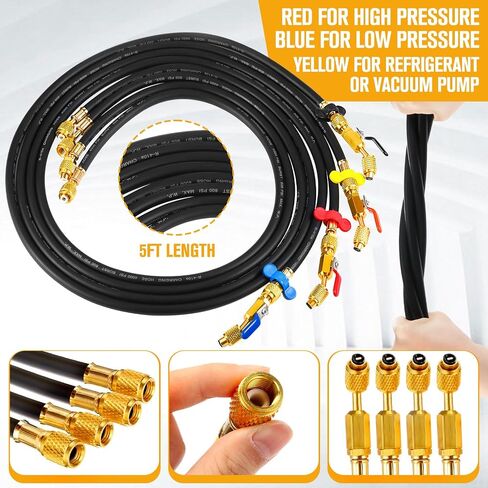 2025 شحن التبريد خرطوم 1/4 '' SAE مع صمام كرة مضغوط الزاوية المطبق على R134A R12 R22 R502 R404 SOWSIGERANT CONFICENING SFILGE (أسود ، 5 أقدام) in Kuwait
