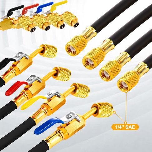 2025 شحن التبريد خرطوم 1/4 '' SAE مع صمام كرة مضغوط الزاوية المطبق على R134A R12 R22 R502 R404 SOWSIGERANT CONFICENING SFILGE (أسود ، 5 أقدام) in Kuwait