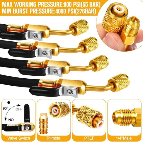 2025 شحن التبريد خرطوم 1/4 '' SAE مع صمام كرة مضغوط الزاوية المطبق على R134A R12 R22 R502 R404 SOWSIGERANT CONFICENING SFILGE (أسود ، 5 أقدام) in Kuwait