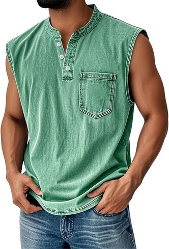 Men Tank Tops Henley Shirts Sleeveless Muscle Gym Workout Running Beach Summer Vintage Button Down Tank Tops in Kuwait