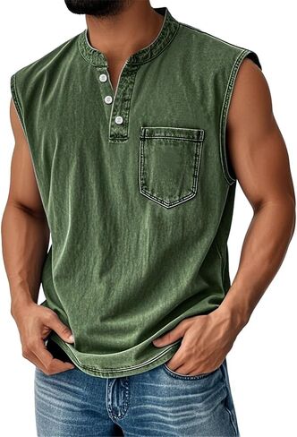 Men Tank Tops Henley Shirts Sleeveless Muscle Gym Workout Running Beach Summer Vintage Button Down Tank Tops in Saudi Arabia