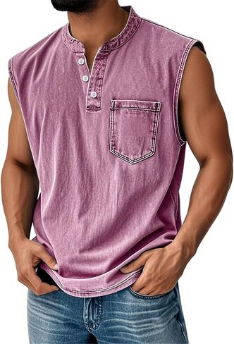 Men Tank Tops Henley Shirts Sleeveless Muscle Gym Workout Running Beach Summer Vintage Button Down Tank Tops in Saudi Arabia