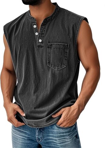 Men Tank Tops Henley Shirts Sleeveless Muscle Gym Workout Running Beach Summer Vintage Button Down Tank Tops in Saudi Arabia