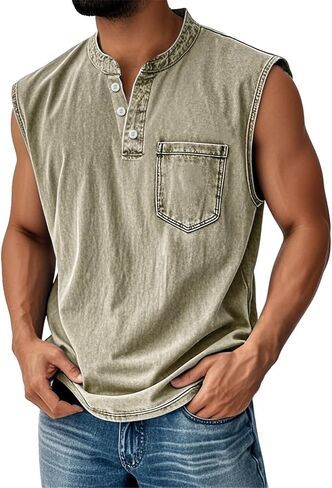 Men Tank Tops Henley Shirts Sleeveless Muscle Gym Workout Running Beach Summer Vintage Button Down Tank Tops in Saudi Arabia