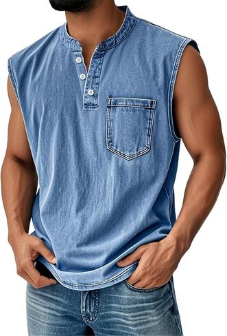 Men Tank Tops Henley Shirts Sleeveless Muscle Gym Workout Running Beach Summer Vintage Button Down Tank Tops in Saudi Arabia