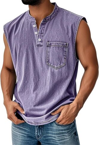Men Tank Tops Henley Shirts Sleeveless Muscle Gym Workout Running Beach Summer Vintage Button Down Tank Tops in Saudi Arabia