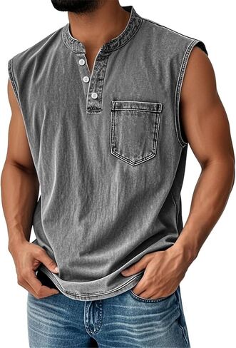 Men Tank Tops Henley Shirts Sleeveless Muscle Gym Workout Running Beach Summer Vintage Button Down Tank Tops in Saudi Arabia