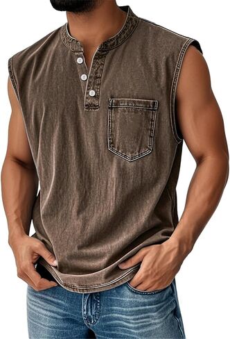 Men Tank Tops Henley Shirts Sleeveless Muscle Gym Workout Running Beach Summer Vintage Button Down Tank Tops in Saudi Arabia