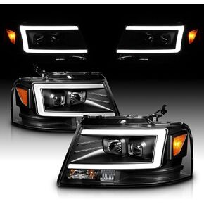 AmeriLite For 2004-2008 Ford F-150 Truck C-Type LED Tube Square Black Projector Headlights Assembly Pair - Driver and Passenger in Kuwait