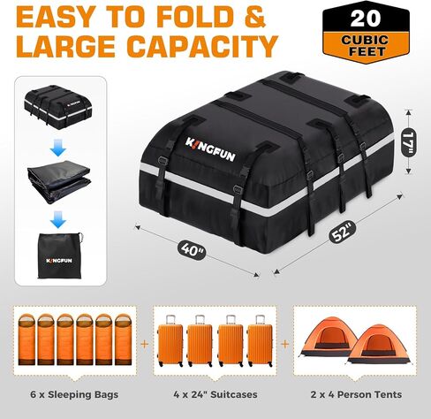 Kingfun Car Rooftop Cargo Carrier – Waterproof 20 Cubic Feet Car Roof Bag Fit All Vehicles with/Without Roof Racks, Includes Anti-Slip Mat, 8 Reinforced Straps & 6 Door Hooks, Luggage Locks（Black） in Saudi Arabia