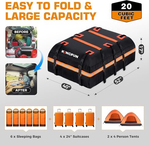 Kingfun Car Rooftop Cargo Carrier – Waterproof 20 Cubic Feet Car Roof Bag Fit All Vehicles with/Without Roof Racks, Includes Anti-Slip Mat, 8 Reinforced Straps & 6 Door Hooks, Luggage Locks（Black） in Saudi Arabia