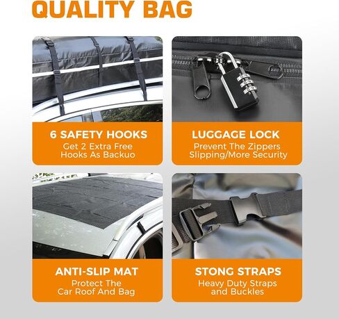 Kingfun Car Rooftop Cargo Carrier – Waterproof 20 Cubic Feet Car Roof Bag Fit All Vehicles with/Without Roof Racks, Includes Anti-Slip Mat, 8 Reinforced Straps & 6 Door Hooks, Luggage Locks（Black） in Saudi Arabia
