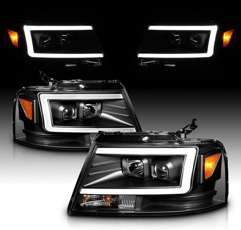 AmeriLite For 2004-2008 Ford F-150 Truck C-Type LED Tube Square Black Projector Headlights Assembly Pair - Driver and Passenger in Kuwait
