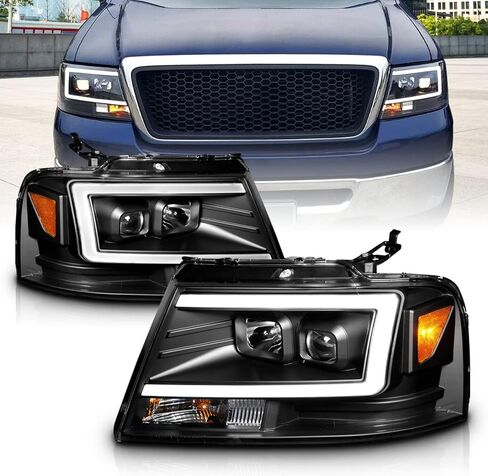 AmeriLite For 2004-2008 Ford F-150 Truck C-Type LED Tube Square Black Projector Headlights Assembly Pair - Driver and Passenger in Kuwait