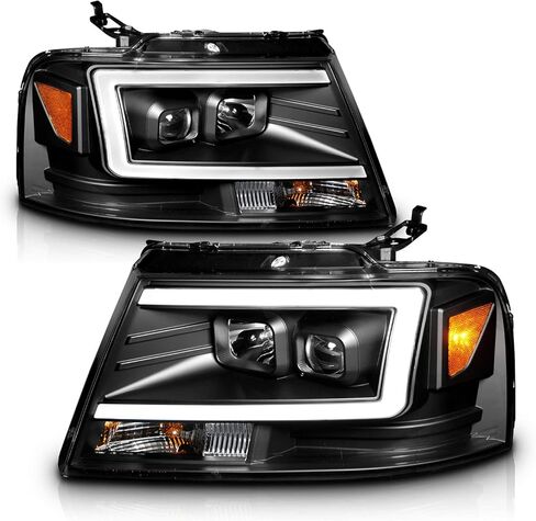 AmeriLite For 2004-2008 Ford F-150 Truck C-Type LED Tube Square Black Projector Headlights Assembly Pair - Driver and Passenger in Kuwait