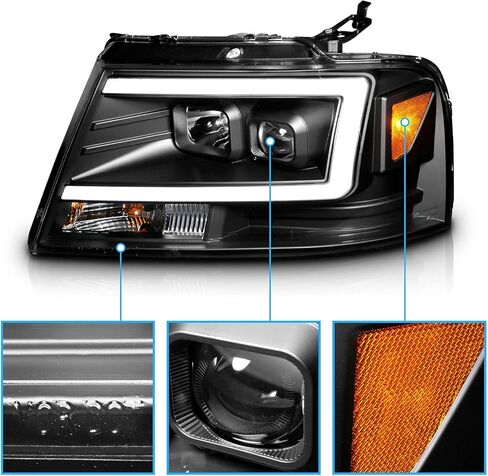 AmeriLite For 2004-2008 Ford F-150 Truck C-Type LED Tube Square Black Projector Headlights Assembly Pair - Driver and Passenger in Kuwait
