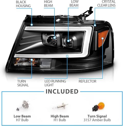 AmeriLite For 2004-2008 Ford F-150 Truck C-Type LED Tube Square Black Projector Headlights Assembly Pair - Driver and Passenger in Kuwait