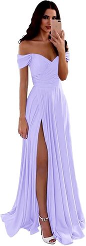 Off Shoulder Bridesmaid Dress for Women Long Satin Pleated Formal Evening Party Dresses with Slit in Kuwait