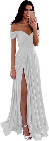 Off Shoulder Bridesmaid Dress for Women Long Satin Pleated Formal Evening Party Dresses with Slit in Kuwait